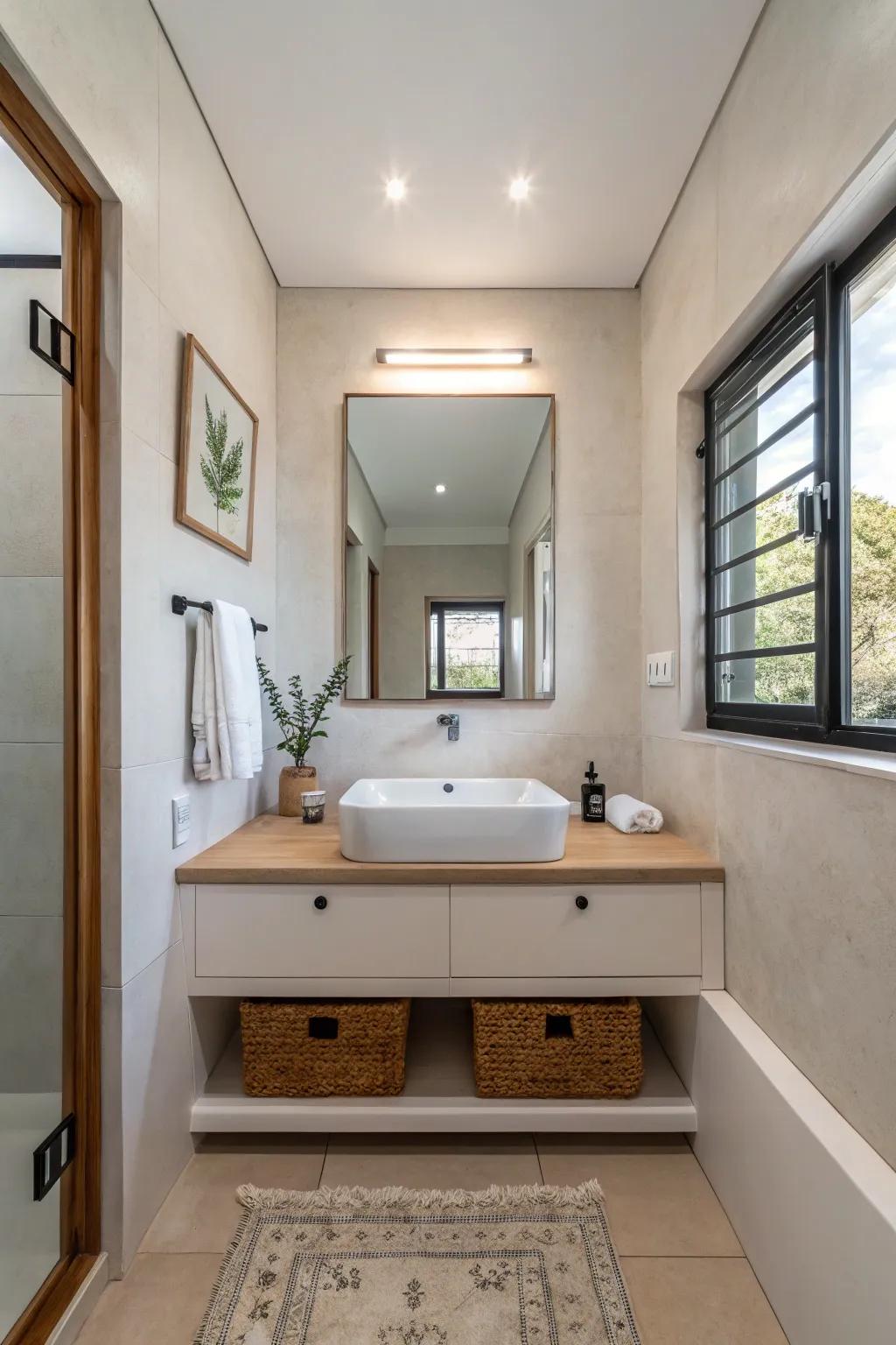 A minimalist bathroom featuring a streamlined design and uncluttered lines.