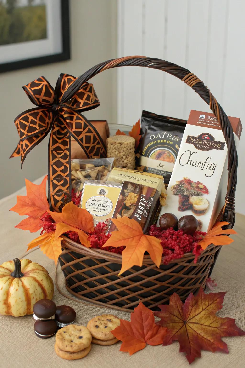 A basket overflowing with gourmet items for the ultimate Halloween surprise.