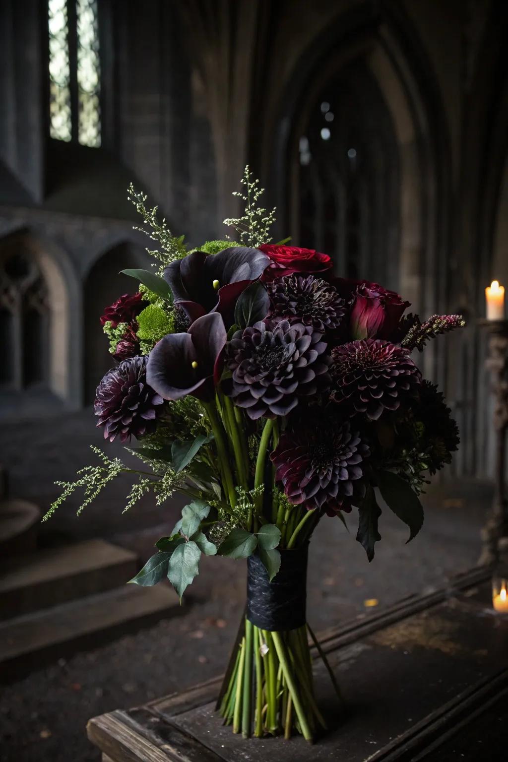 A refined bouquet showcasing onyx lilies, ideal for setting a somber Halloween mood.