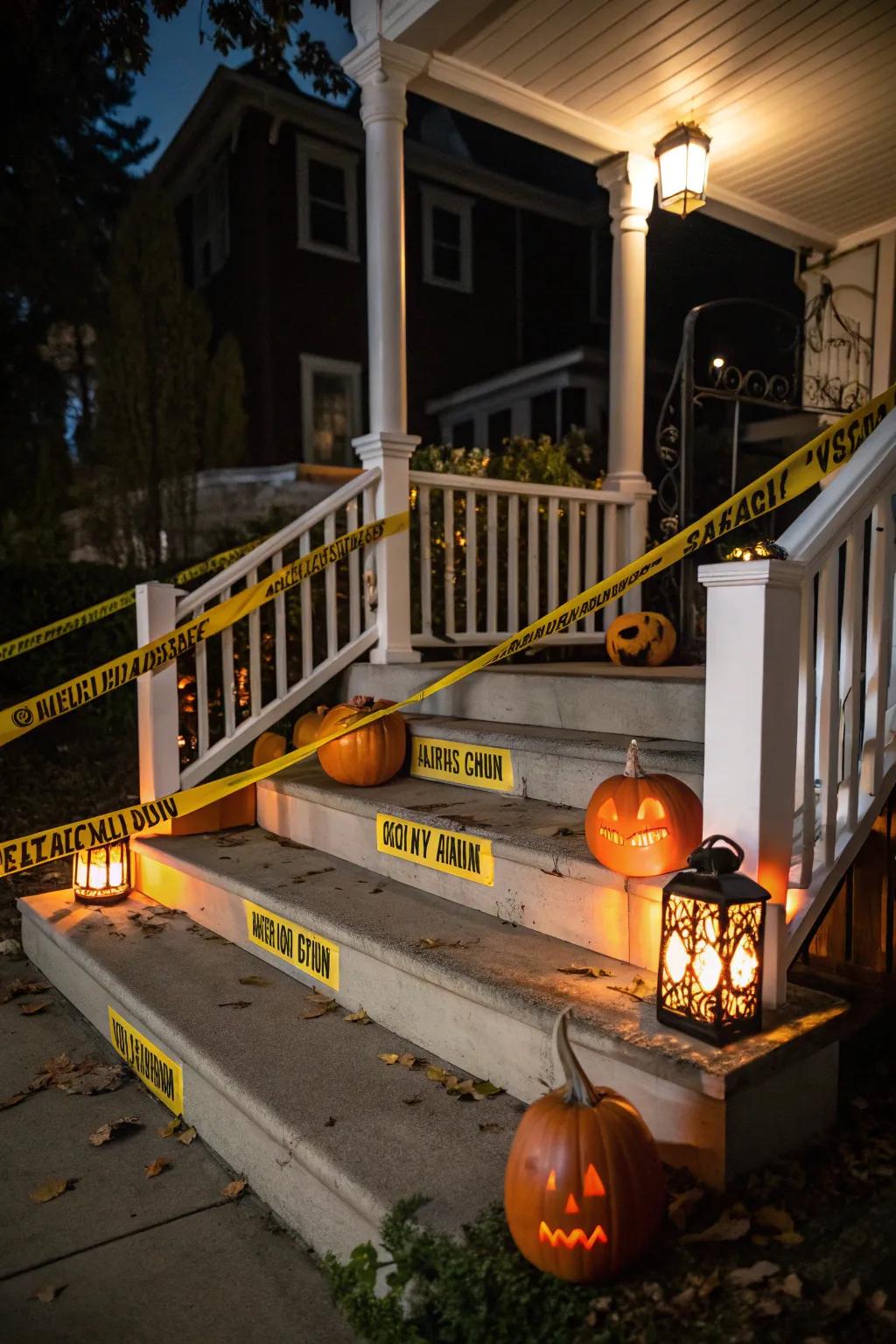 An eerie veranda setup with hazard ribbon and pumpkins.