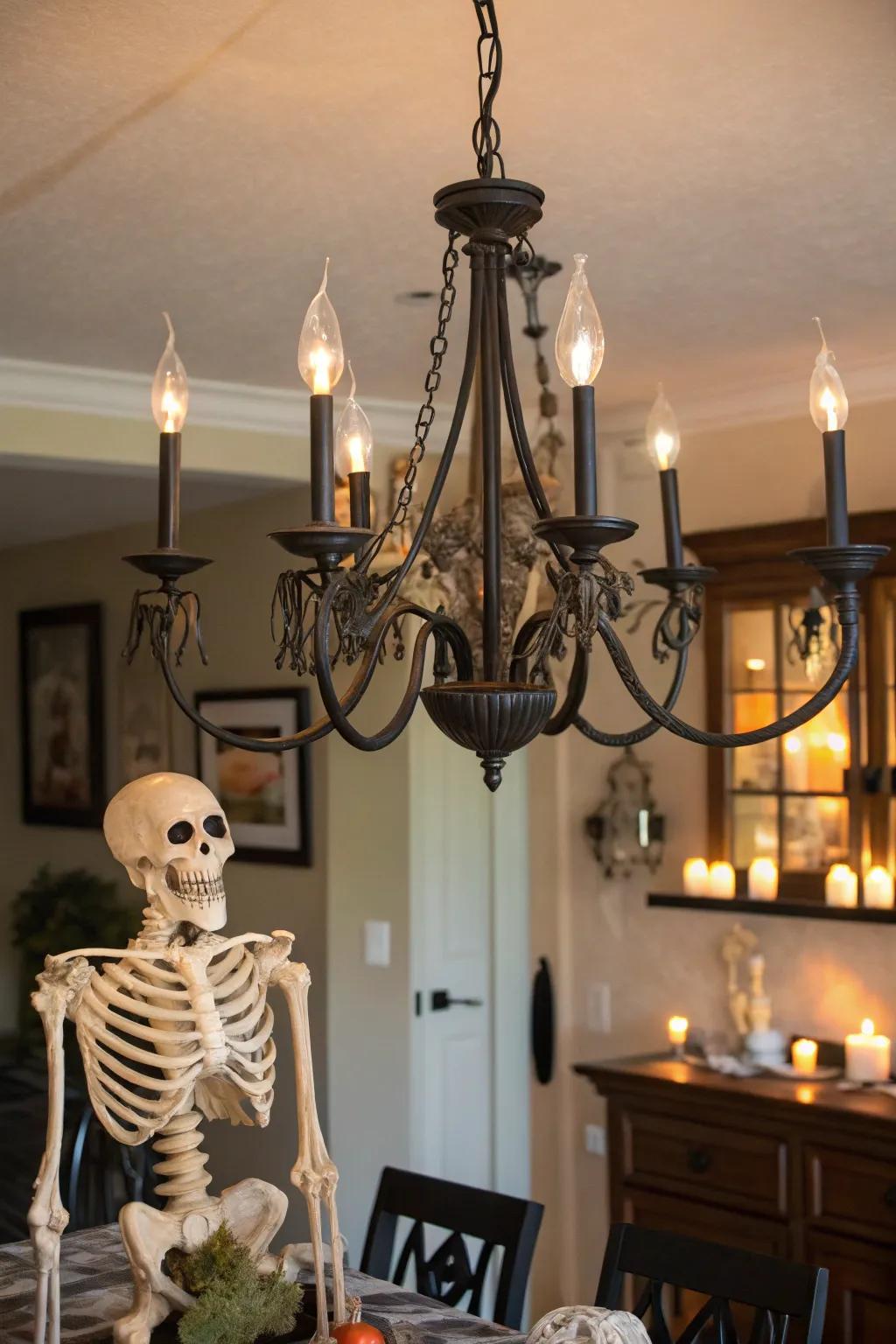 A skeleton reimagines a chandelier into a strikingly eerie centerpiece.