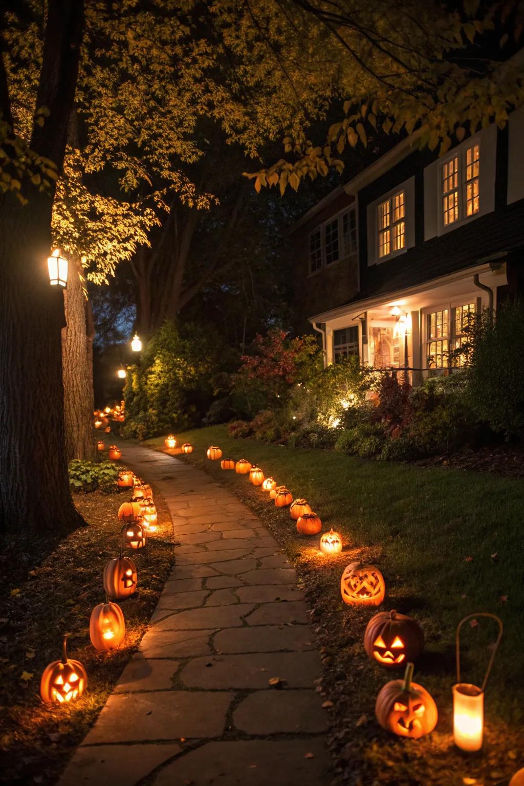 Welcome your visitors with a captivating pathway illuminated by pumpkins.