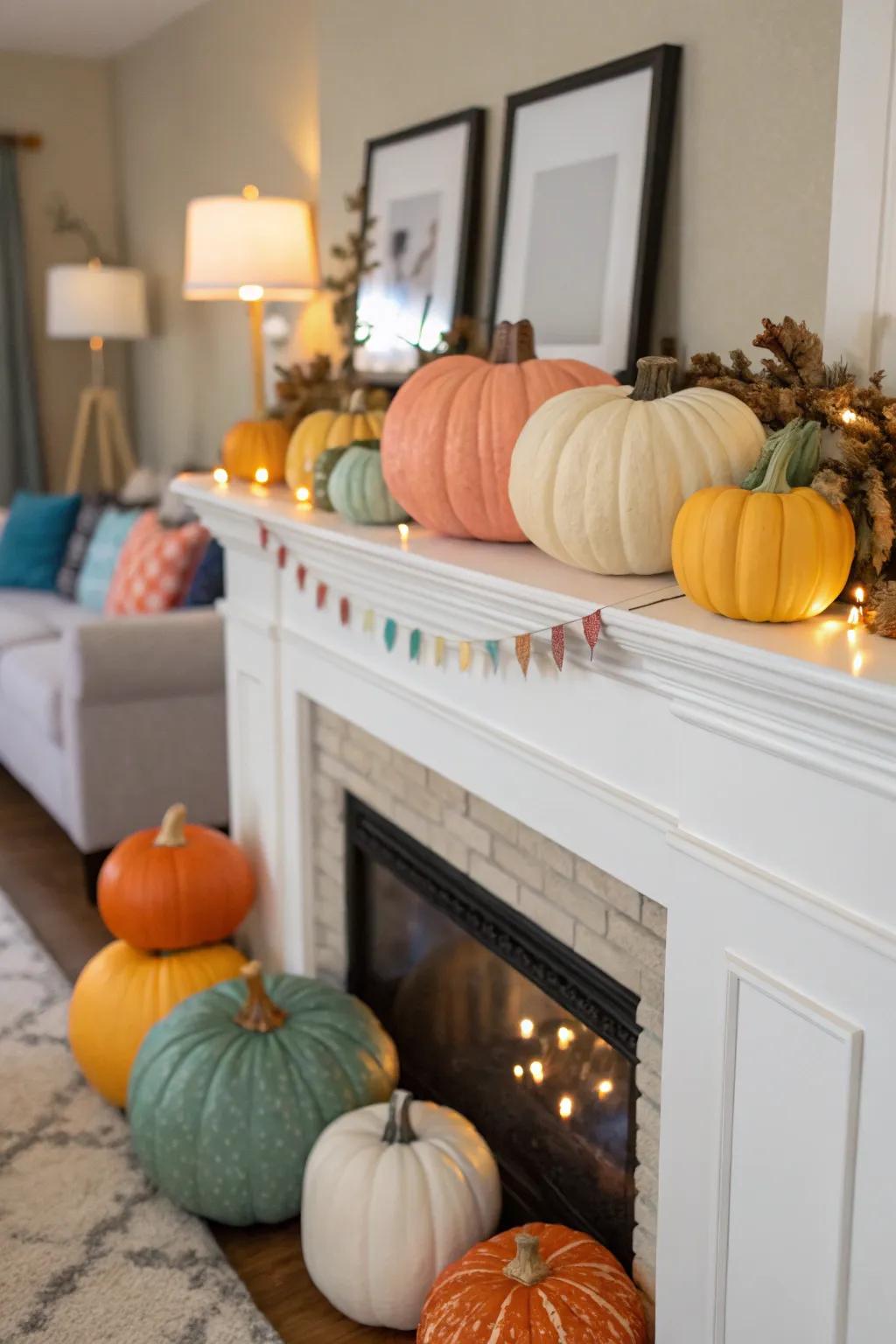 A gourd wonderland on the mantel, overflowing with autumnal charm.