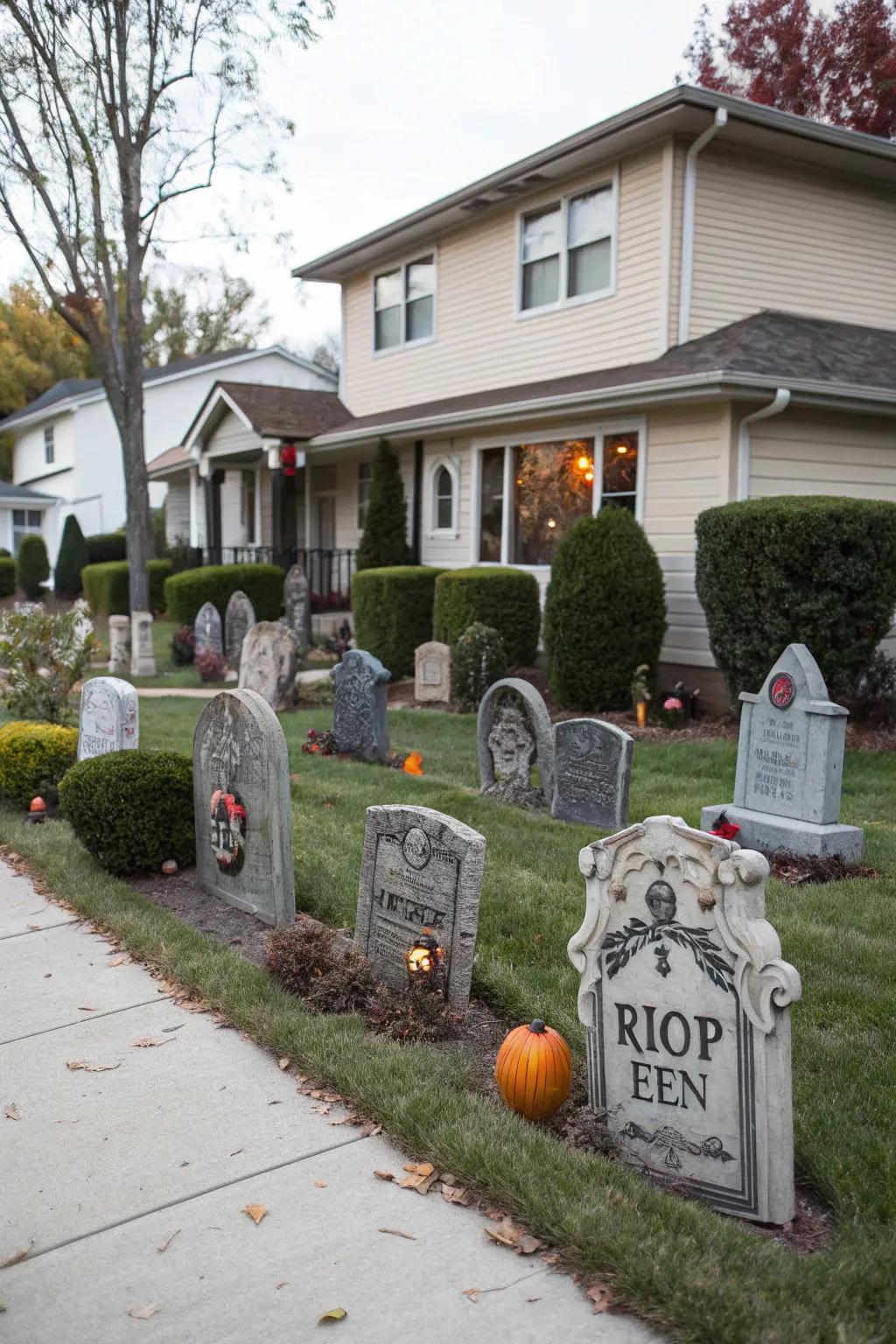 Create an authentic graveyard look with a mix of tombstone styles.