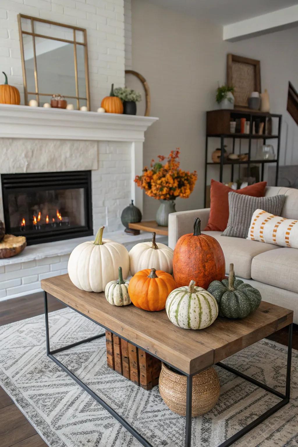 A gourd gallery brings celebratory charm to any family room.