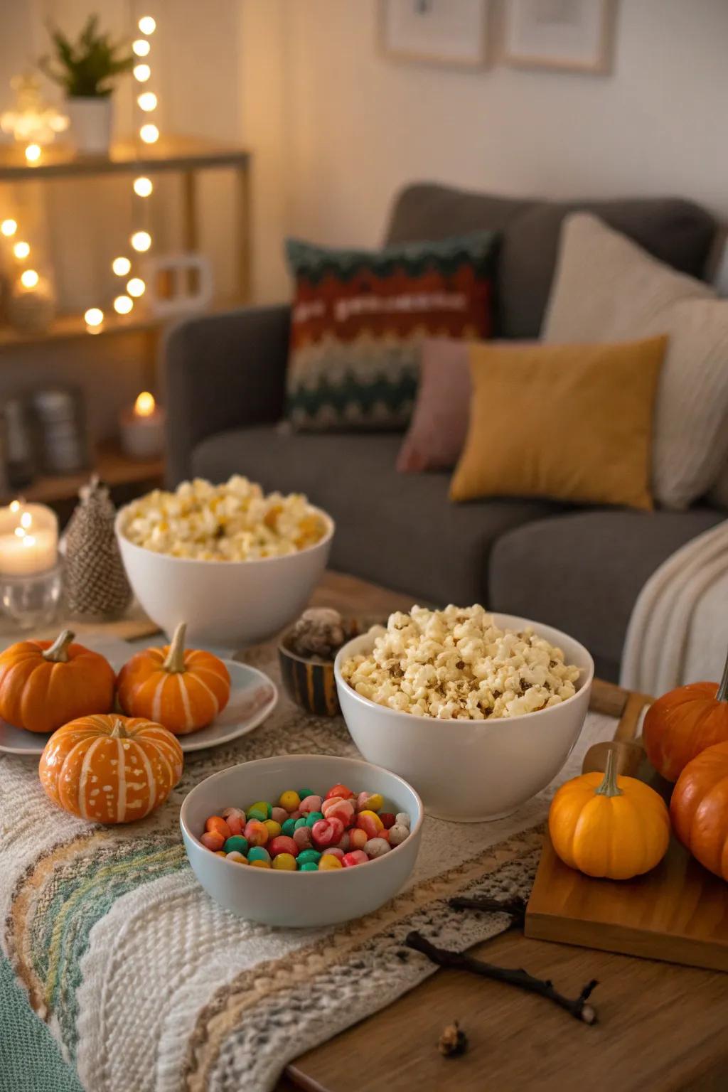 A pumpkin popcorn station provides tasty movie snacks.
