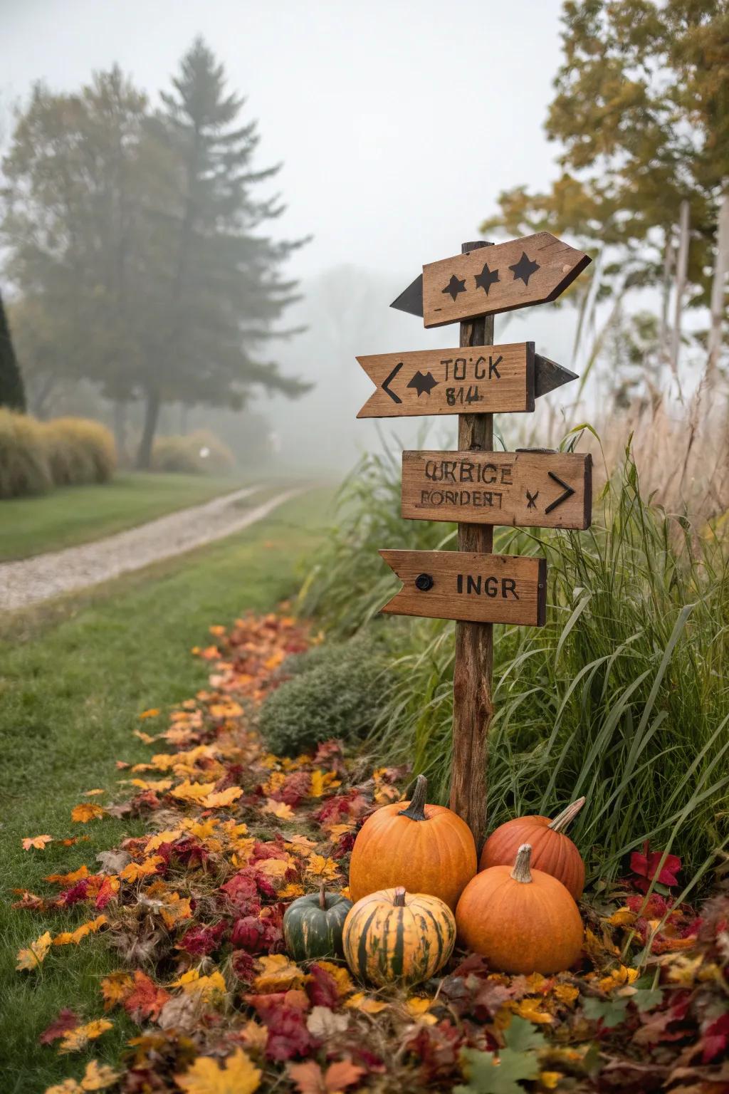 A charming multi-directional Halloween sign nestled in the garden.