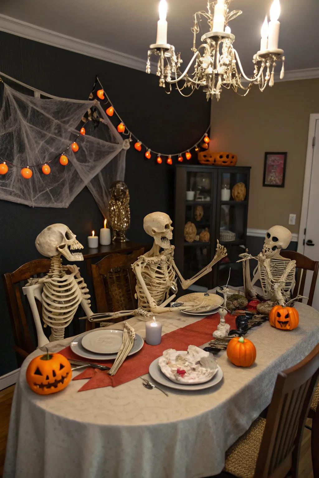 A gathering of skeleton family infuses warmth and humor into your Halloween decors.