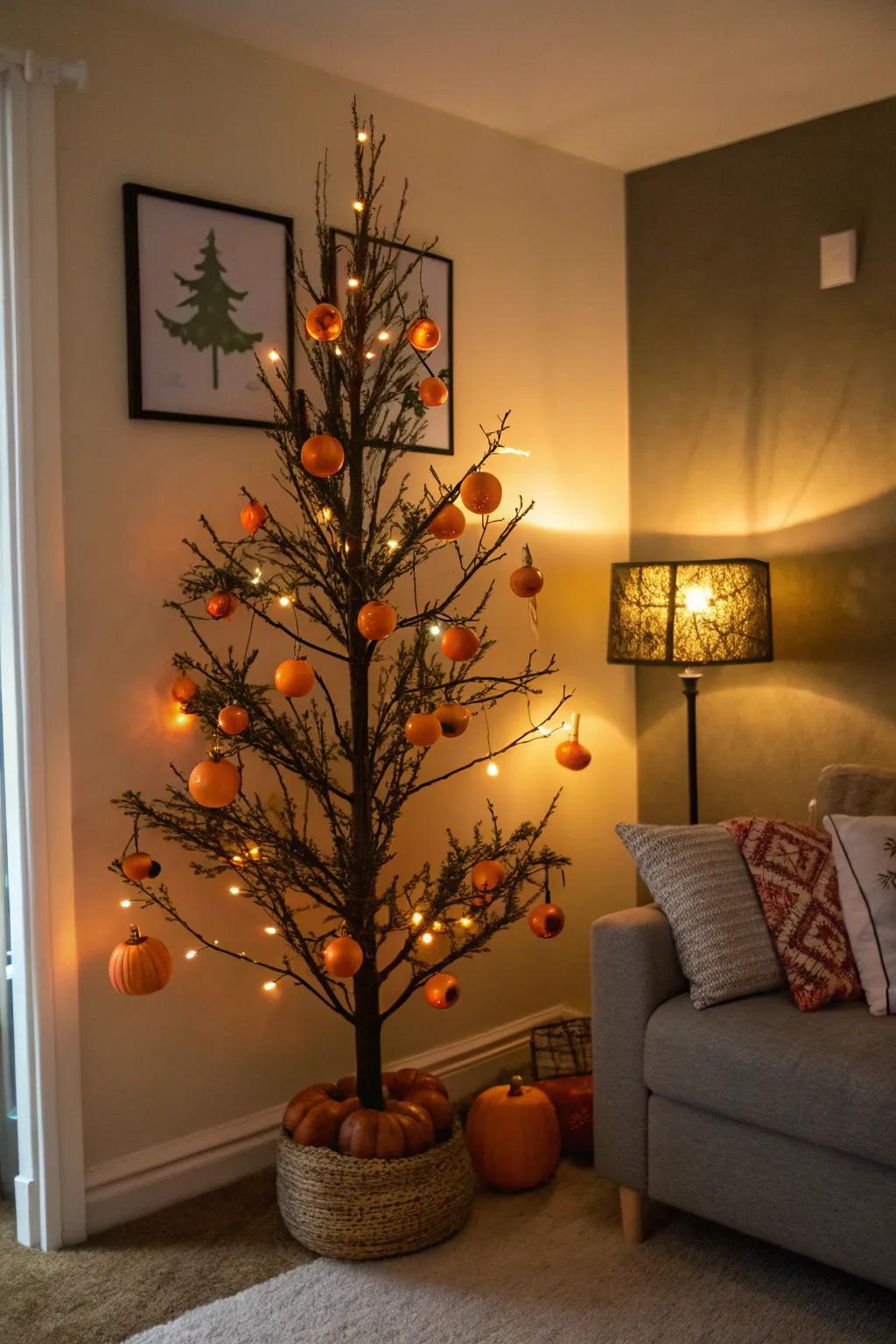 A Halloween tree aglow with tiny gourds and amber lights.