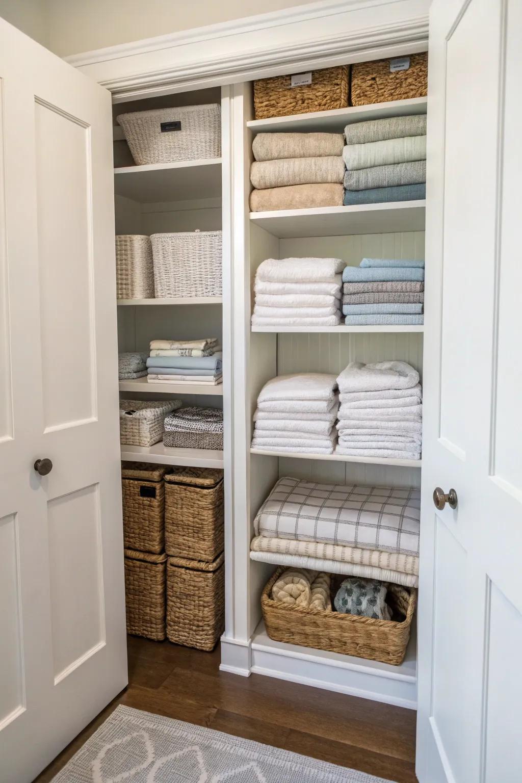 Shelves that adjust provide space for all of your linens, including towels and blankets.