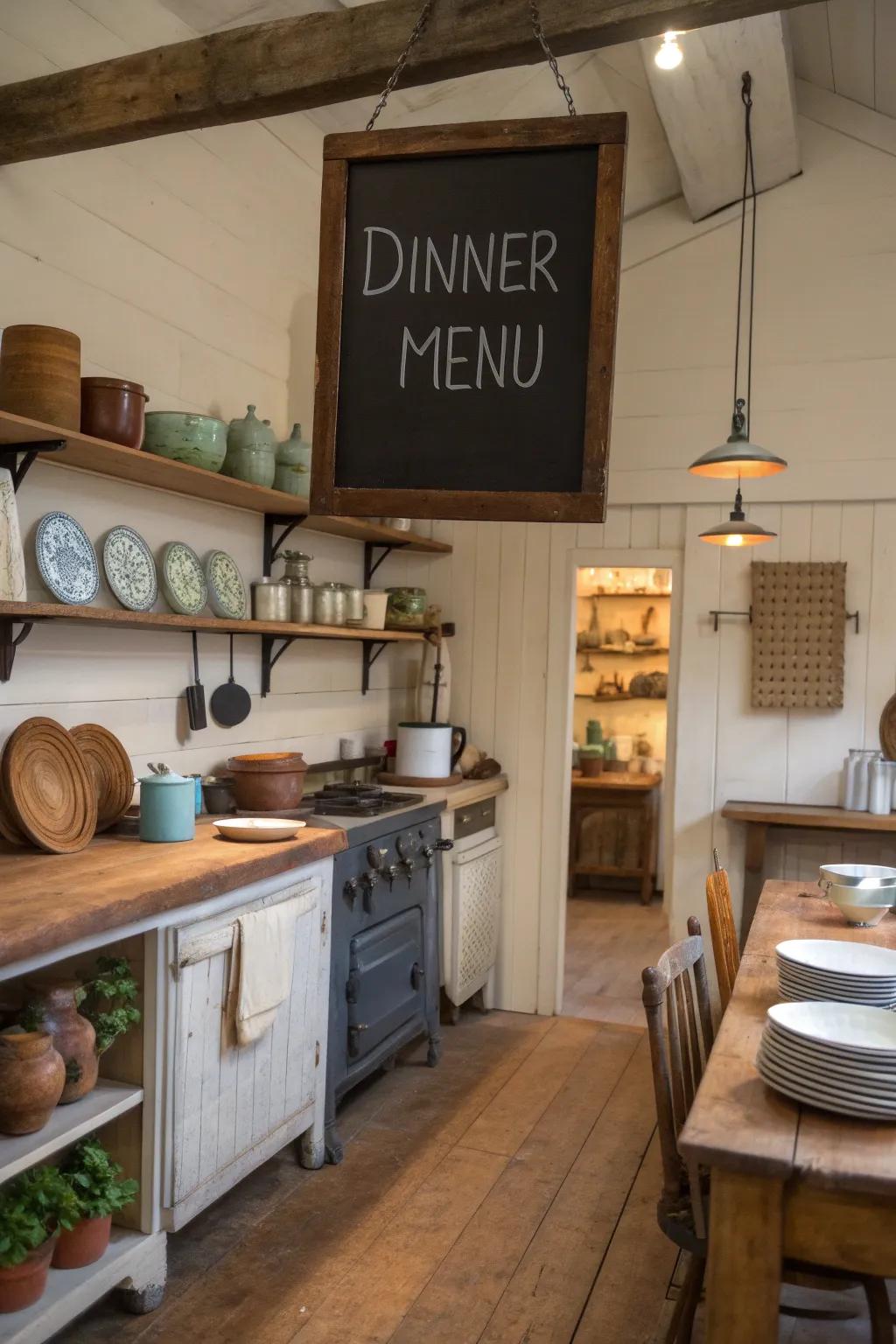 A slate board sign lends a customized nuance to any cooking space.