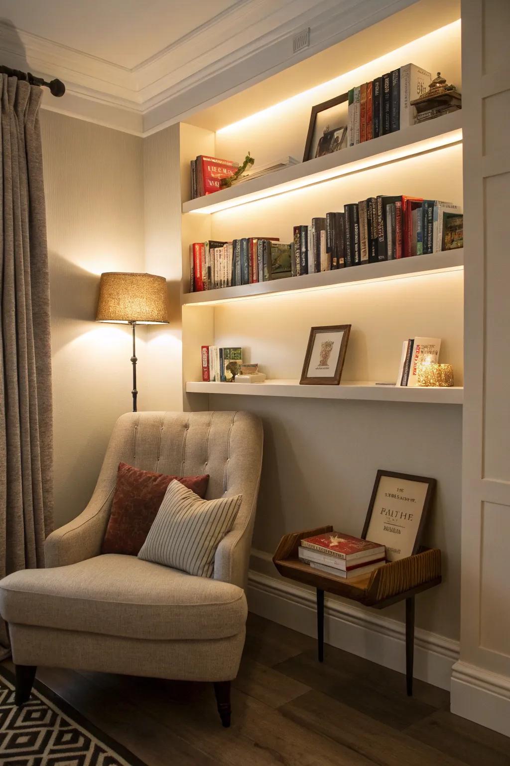 Floating shelves turn books into an attractive design element.