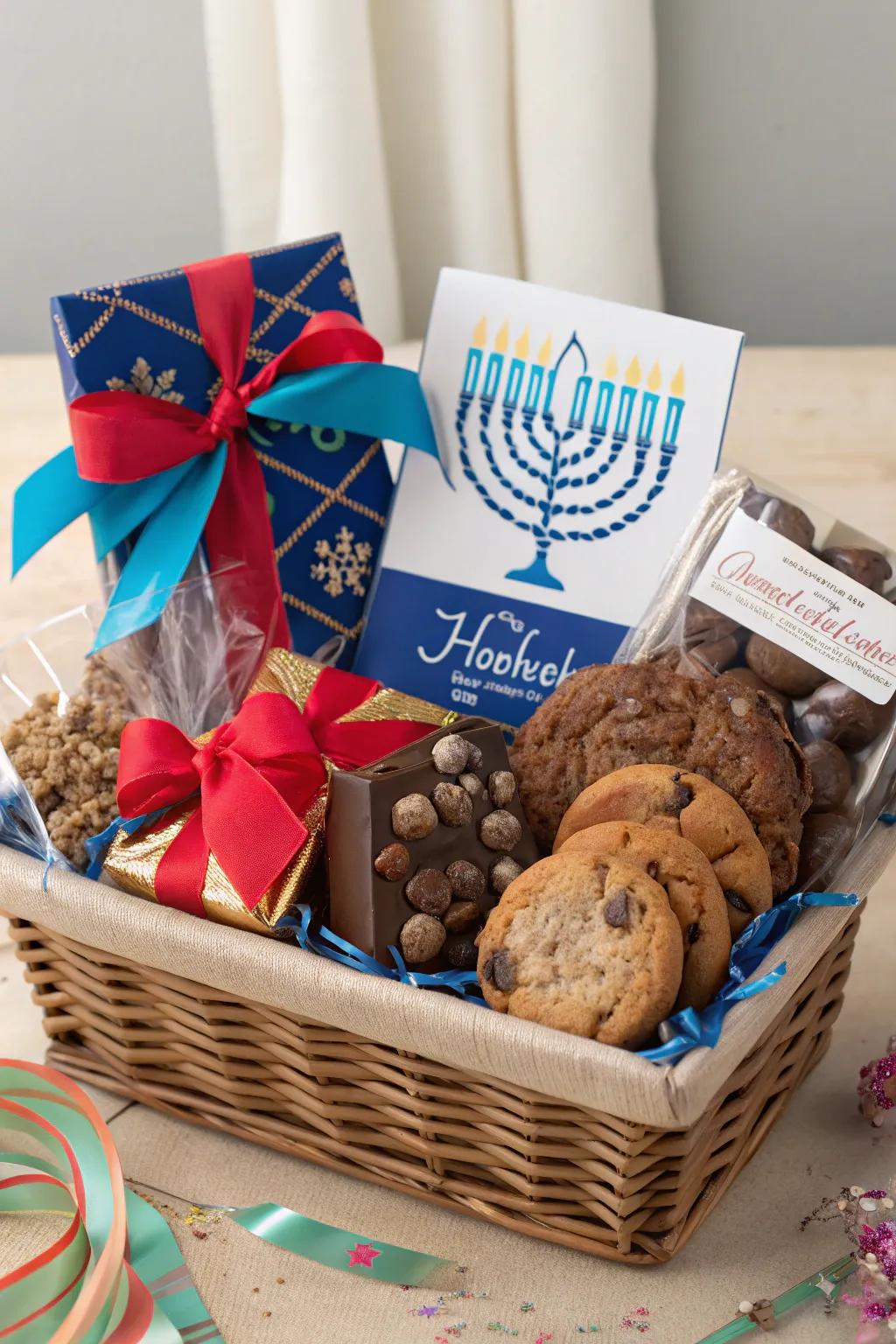 A thoughtfully arranged gift basket with gourmet delights and personal keepsakes.