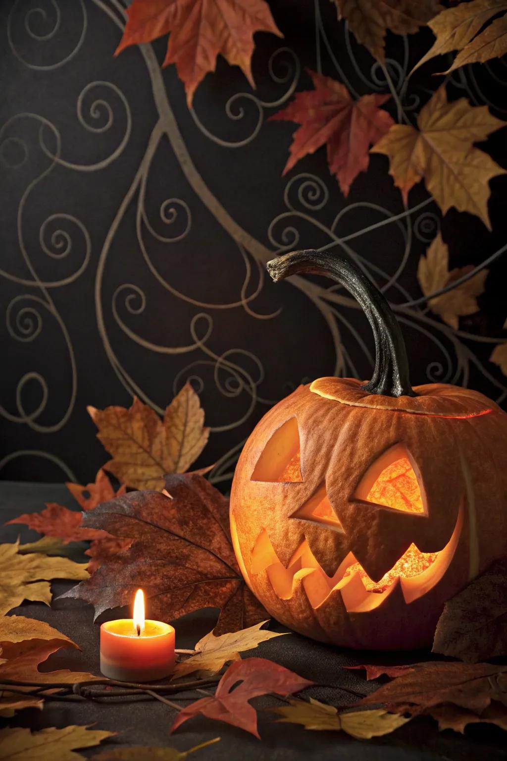 A quintessential Halloween poster featuring a carved pumpkin as its focal point.