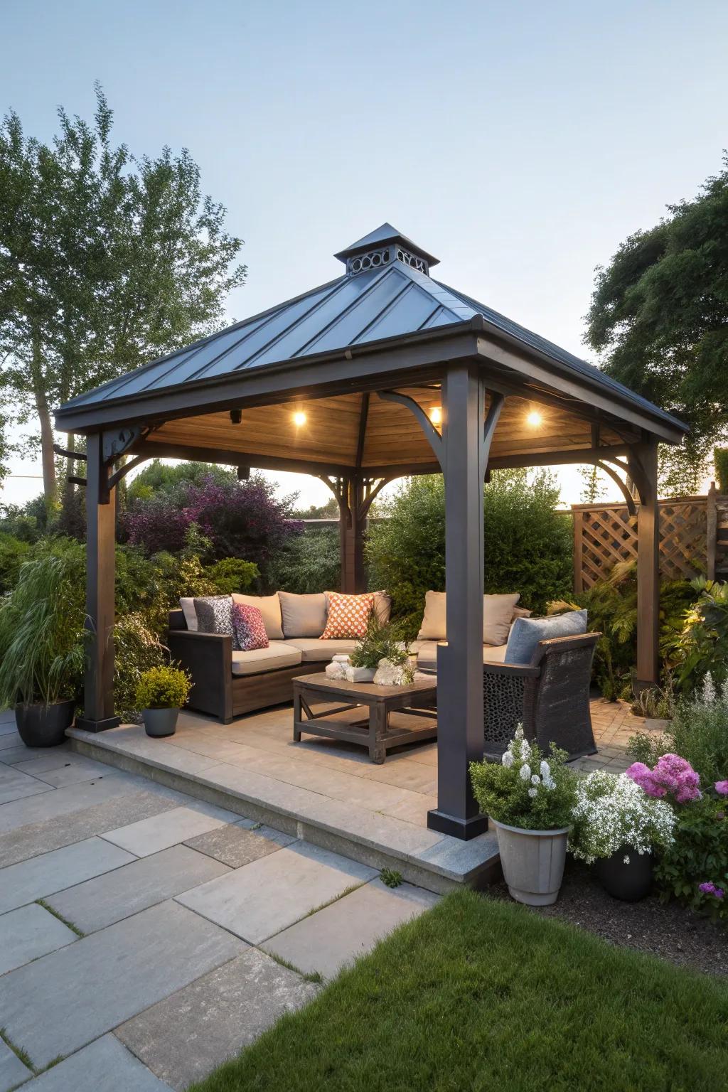 Design a charming outdoor living room beneath your gazebo.