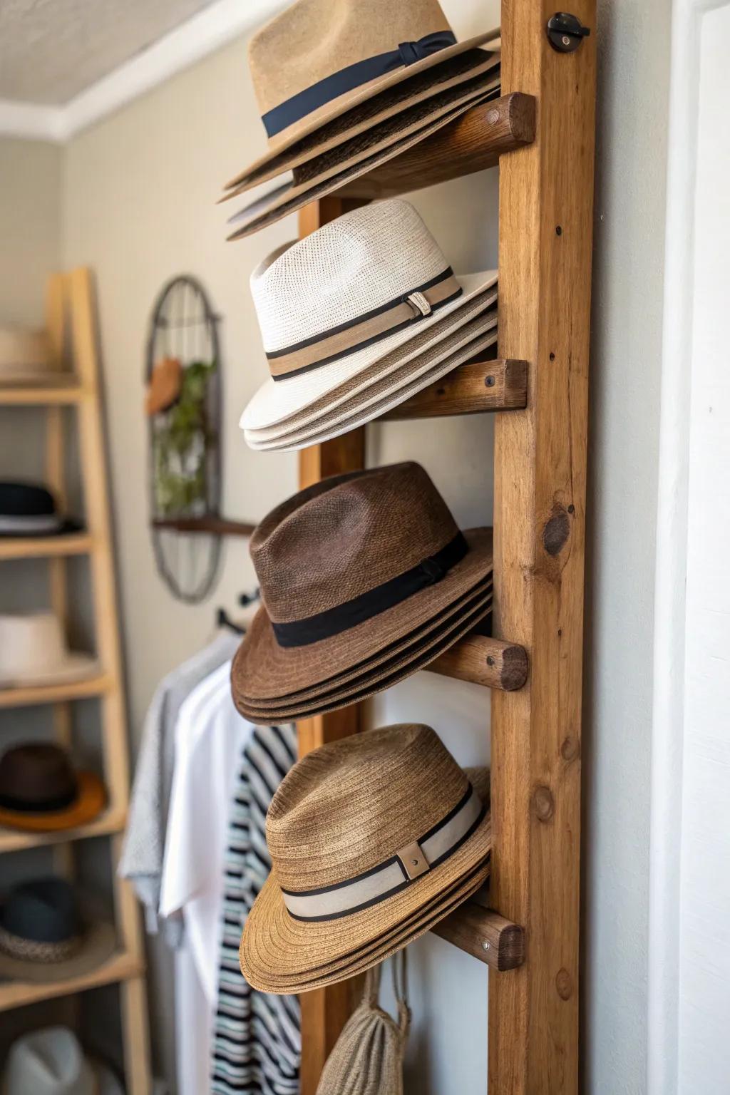Upright wood organizers offer an organized, rustic method for showcasing your hats.