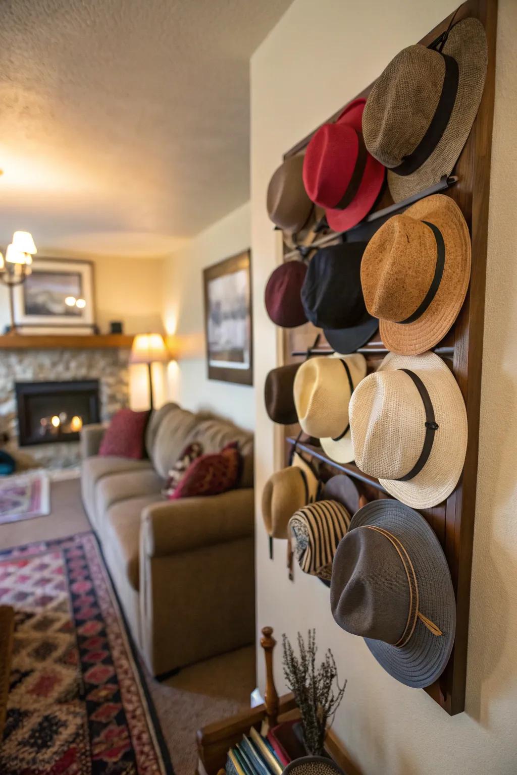 Hats are meticulously displayed on a rack mounted to the wall.