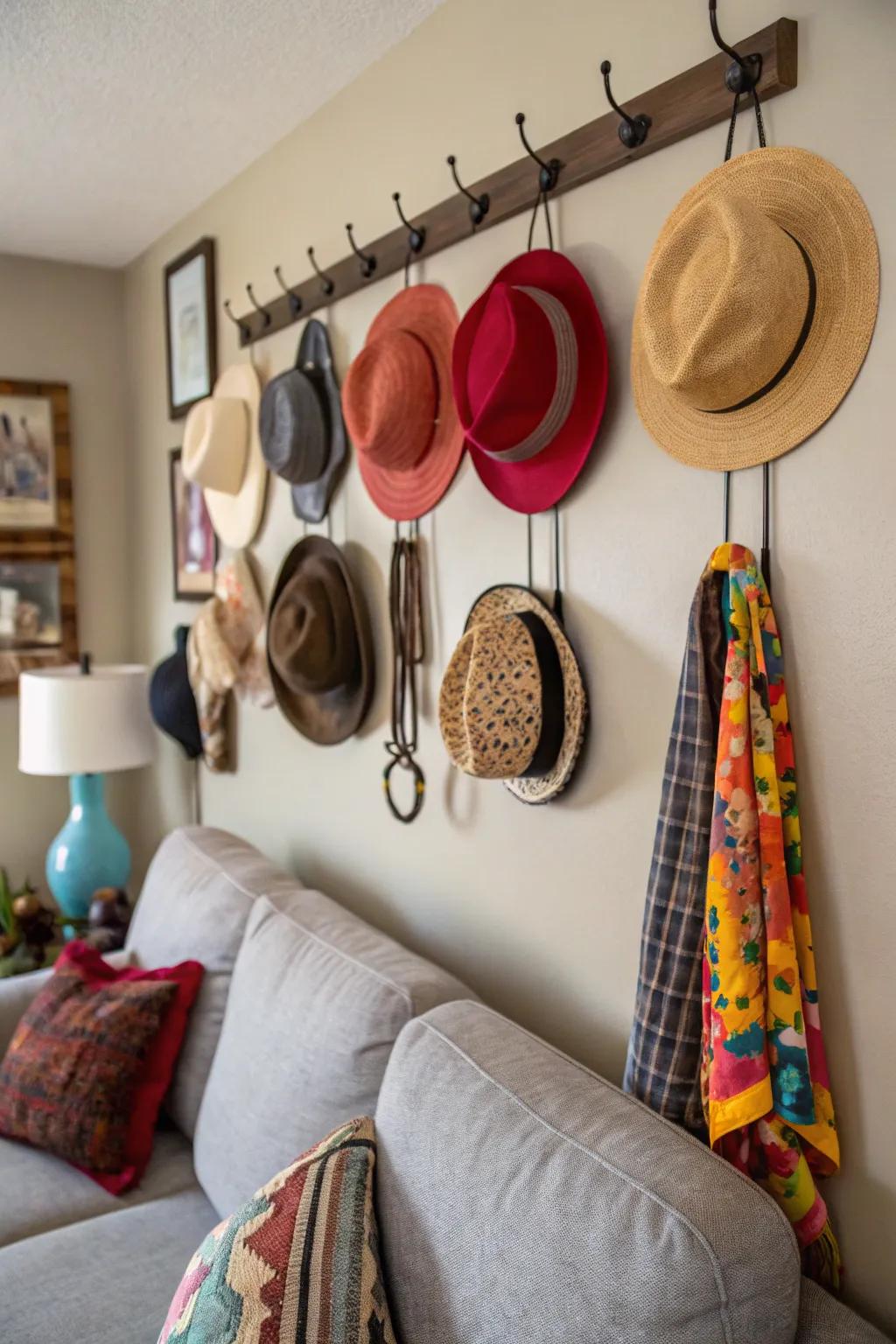 Fashion a sophisticated hat arrangement with wall pegs for a streamlined and orderly exhibit.