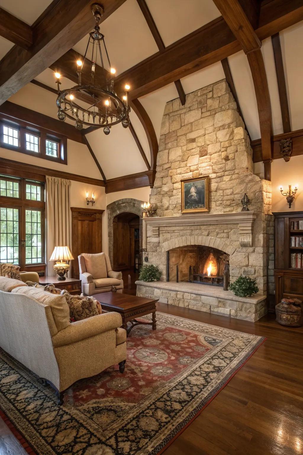 A traditionally styled living room with a majestic stone fireplace as its central feature.