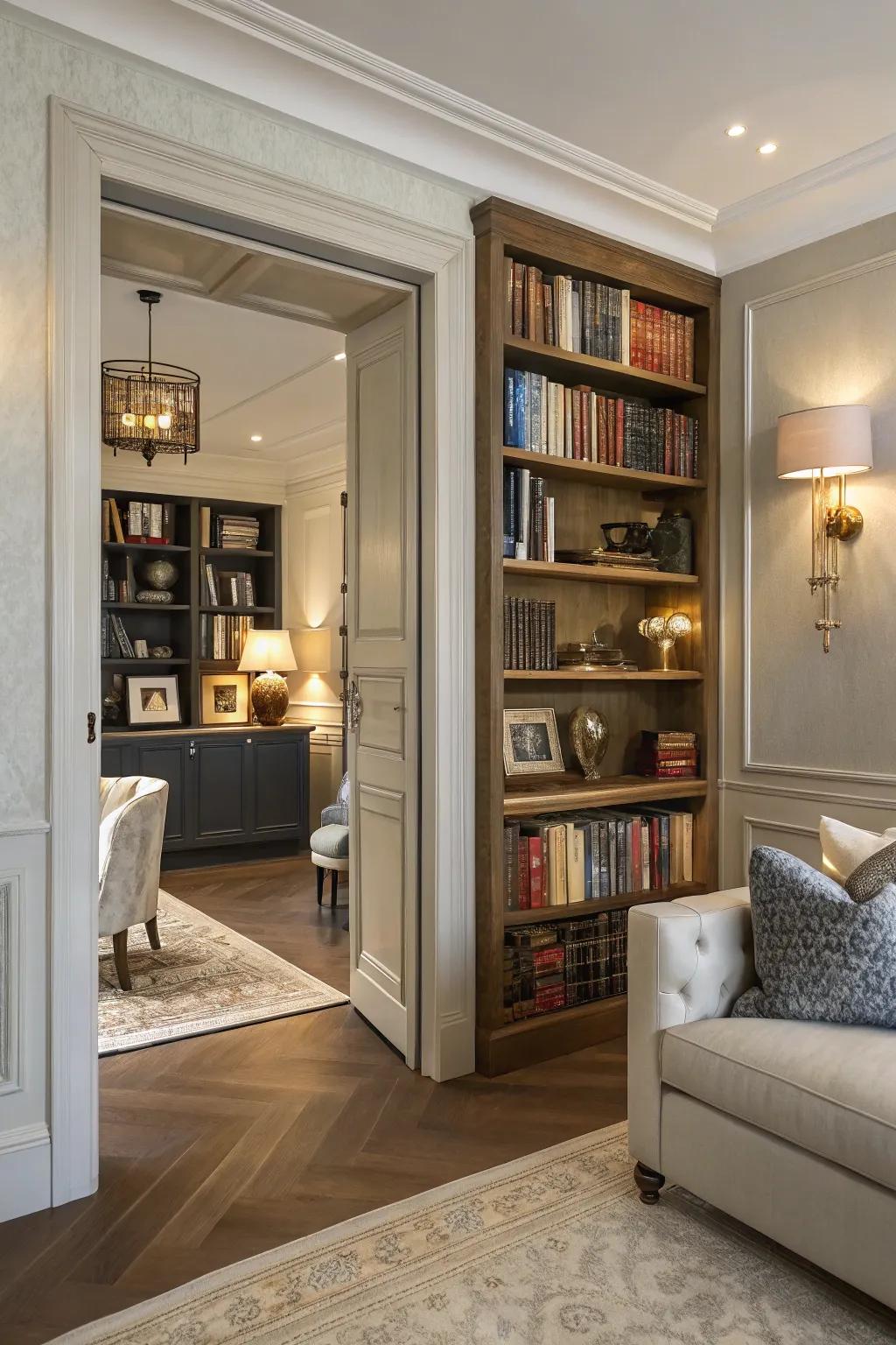 An elegant living space featuring a secret entrance cleverly disguised as a bookshelf.