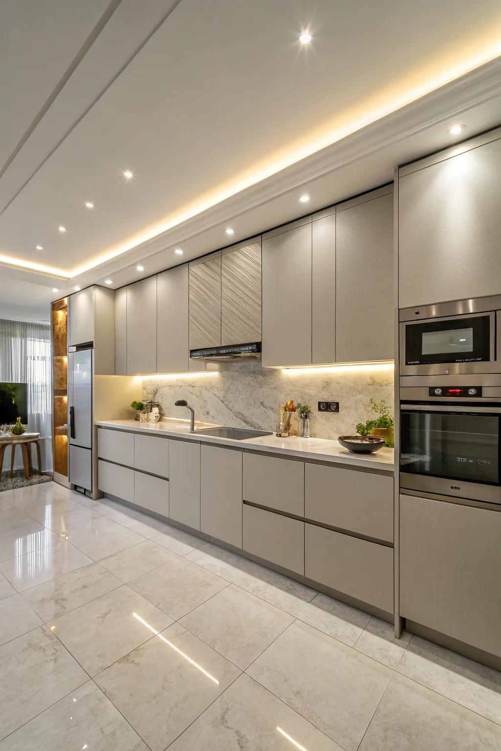Camouflaged appliances merge effortlessly with the cabinetry, offering a smooth, continuous appearance.