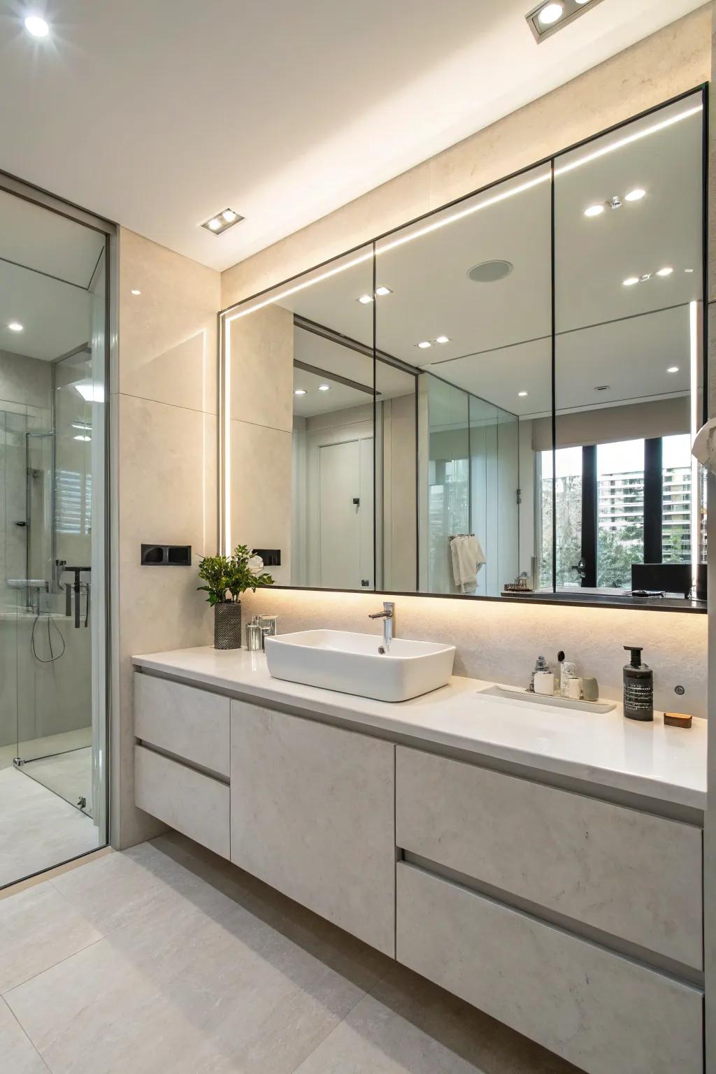 A grand mirrored cabinet effortlessly integrating into a contemporary bathroom.