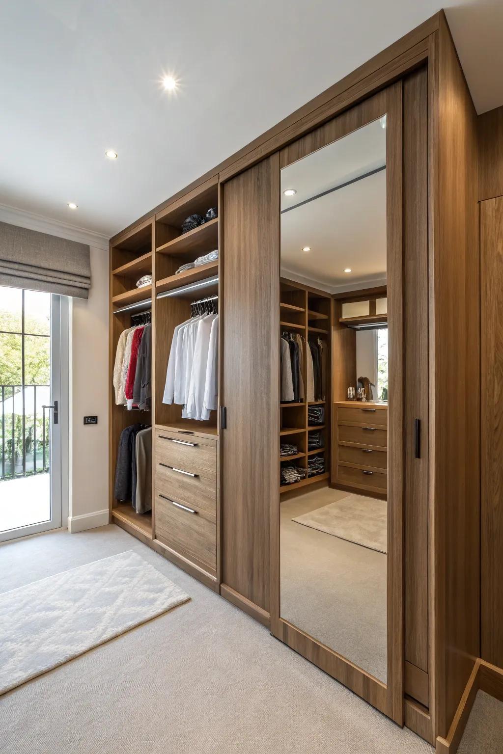 A cleverly hidden mirror door disguises a closet, enhancing both functionality and flair.