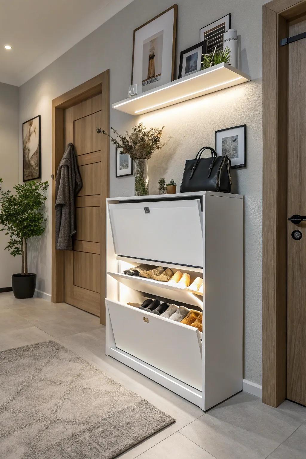 Shoe cabinets featuring flap doors provide a clean and streamlined storage option.