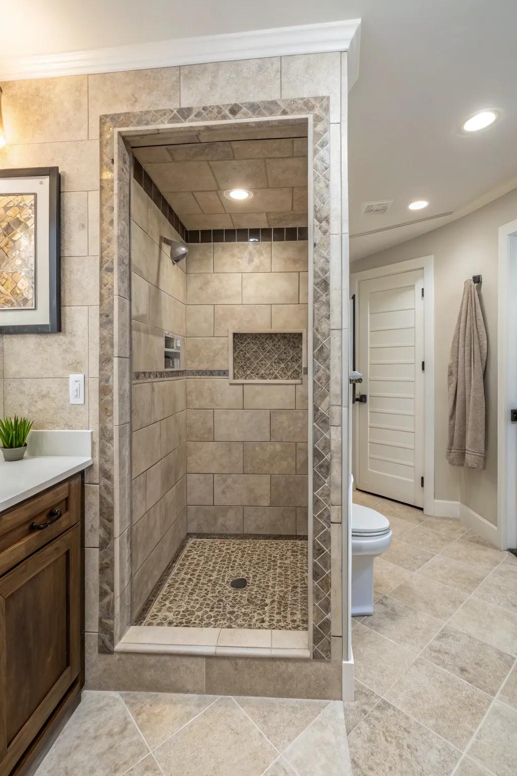A secluded niche shower harmoniously integrates into the lavatory aesthetic.
