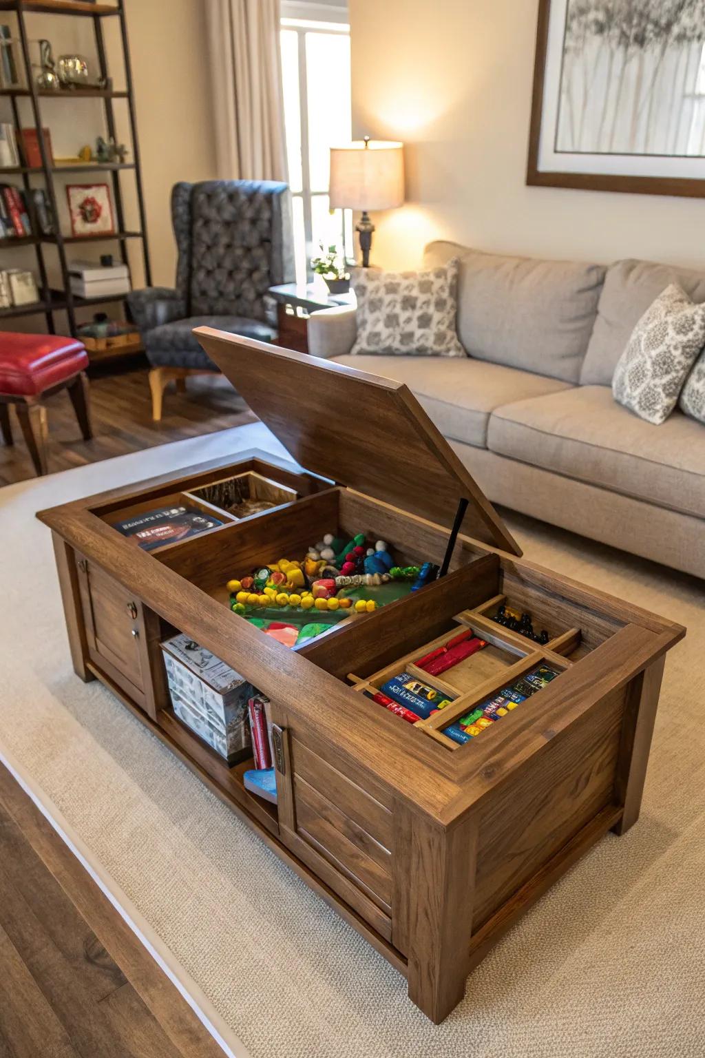 A charming coffee table that includes hidden storage for playthings.