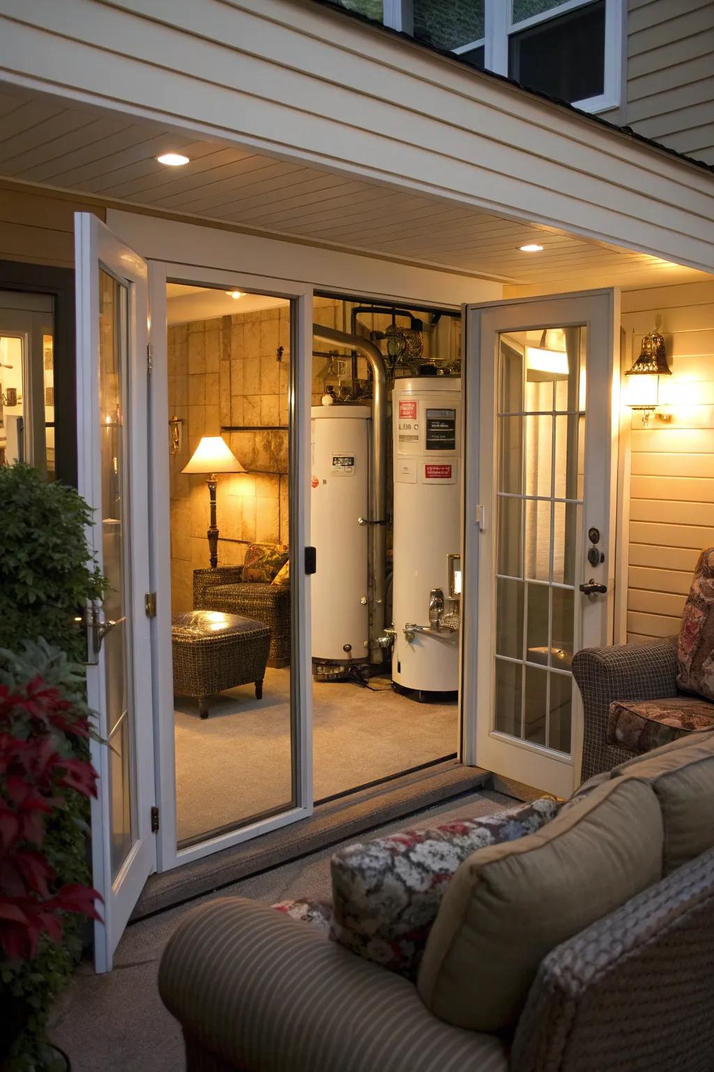 Folding doors gracefully conceal a furnace and water heater in a home.
