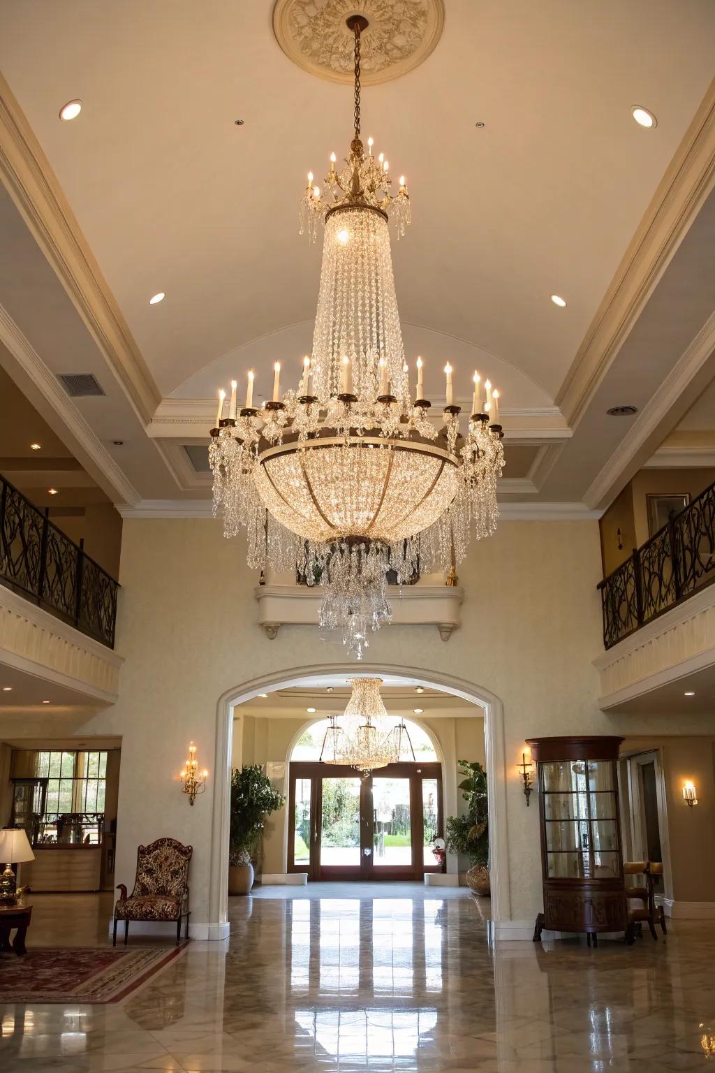 A cascading chandelier enhances the entryway with drama and elegance.
