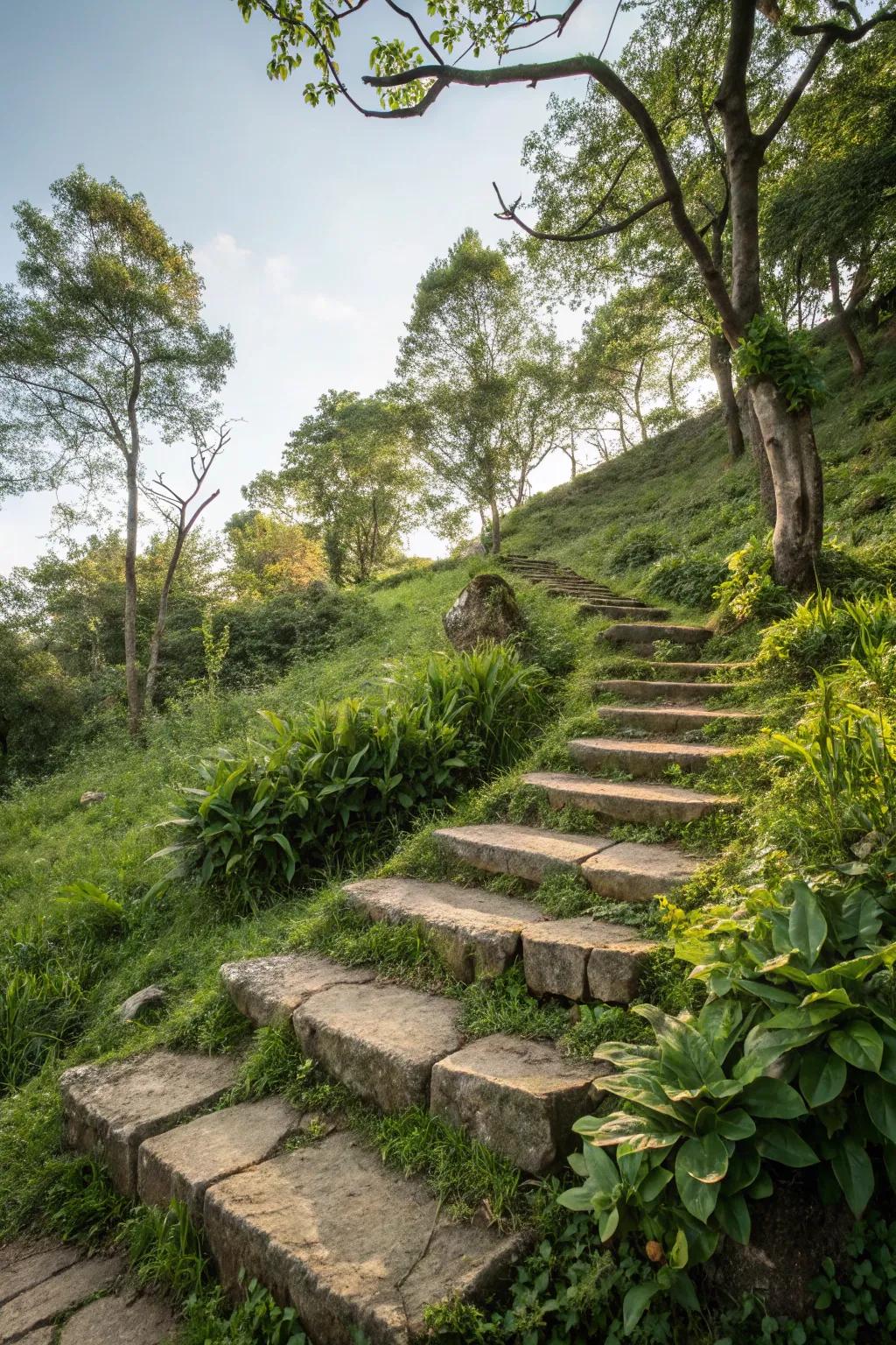 Natural stone pavers bring a touch of sophistication and robustness to hillside steps.