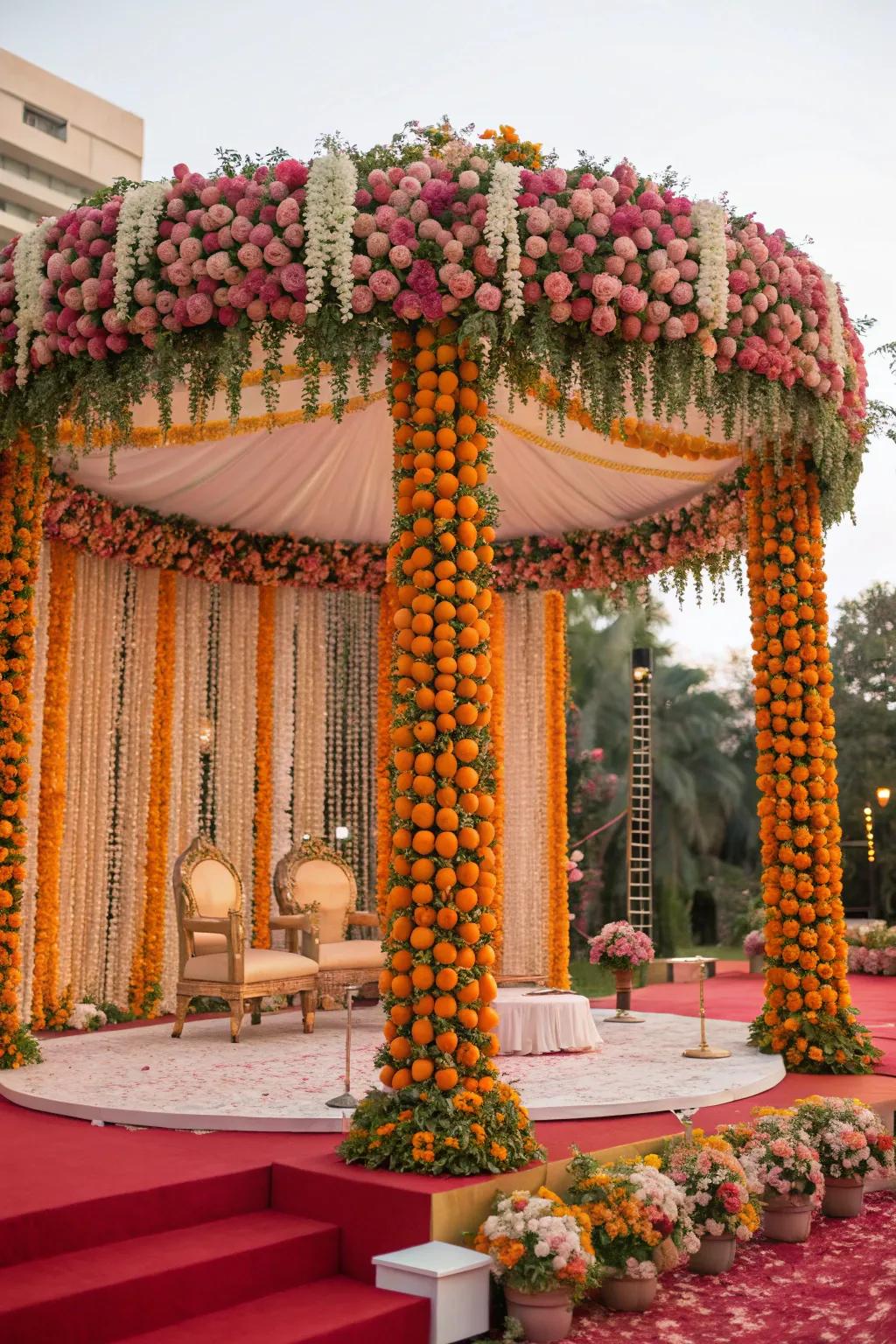 A mandap elegantly draped with a rich canopy of roses and marigolds.