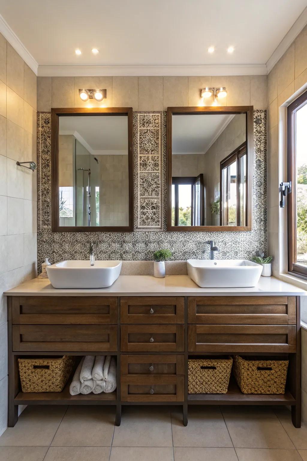 A balanced bathroom aesthetic achieved with symmetrical elements.
