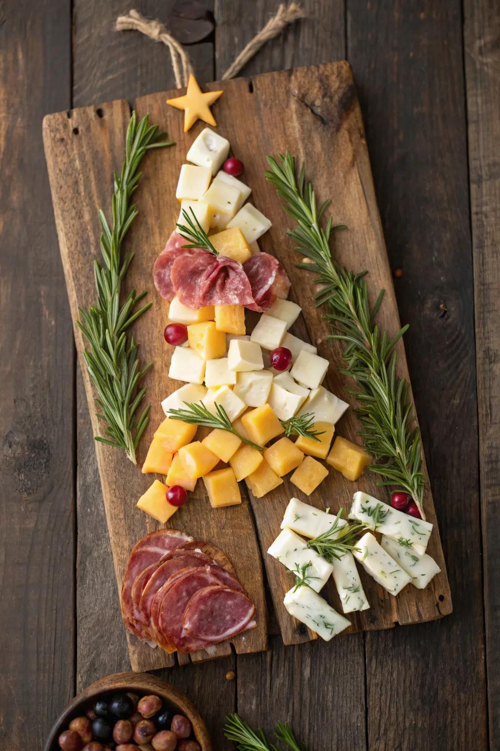 Charcuterie board designed to resemble a Christmas tree.
