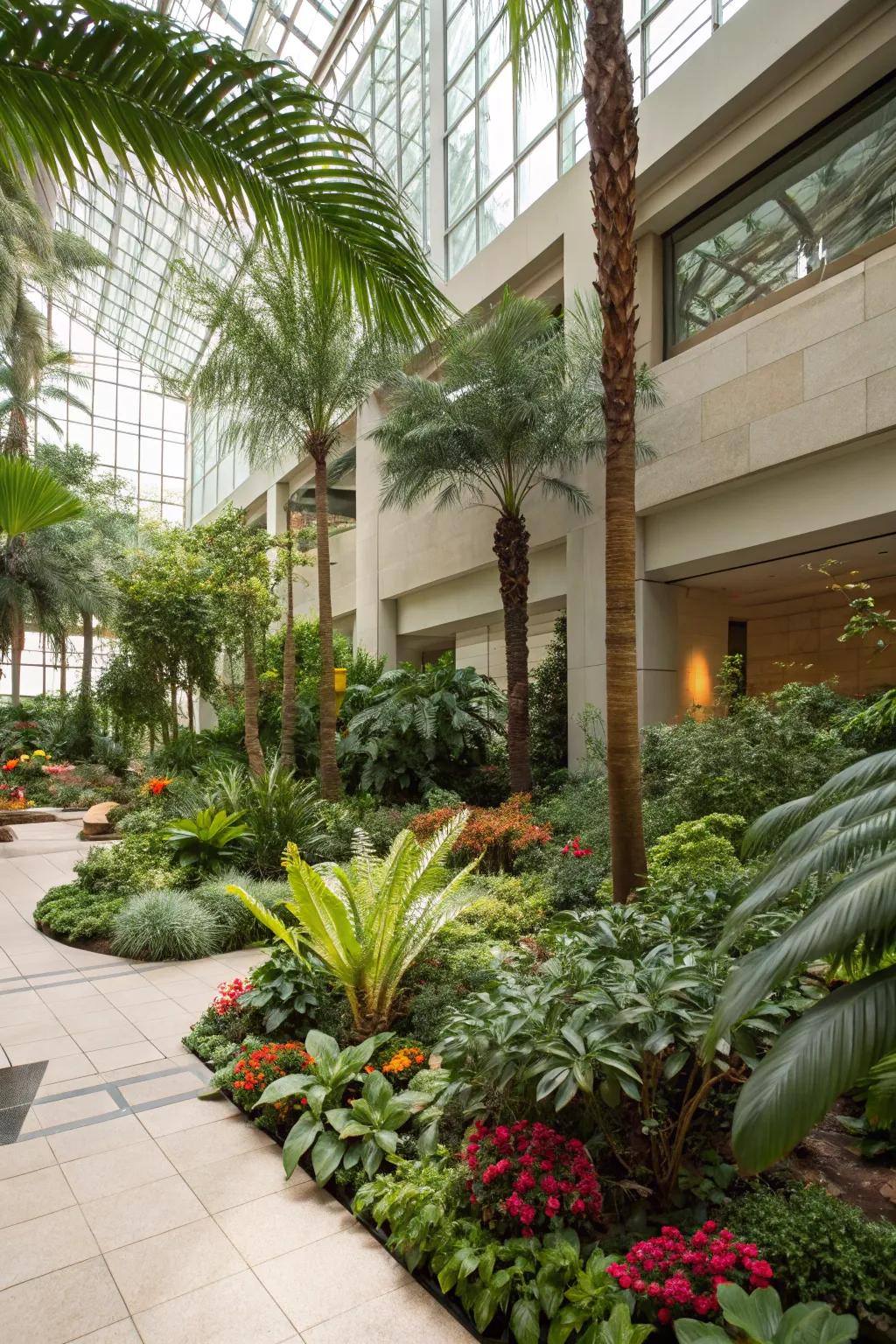 An indoor garden atrium abundant with vibrant greenery and plentiful natural light.