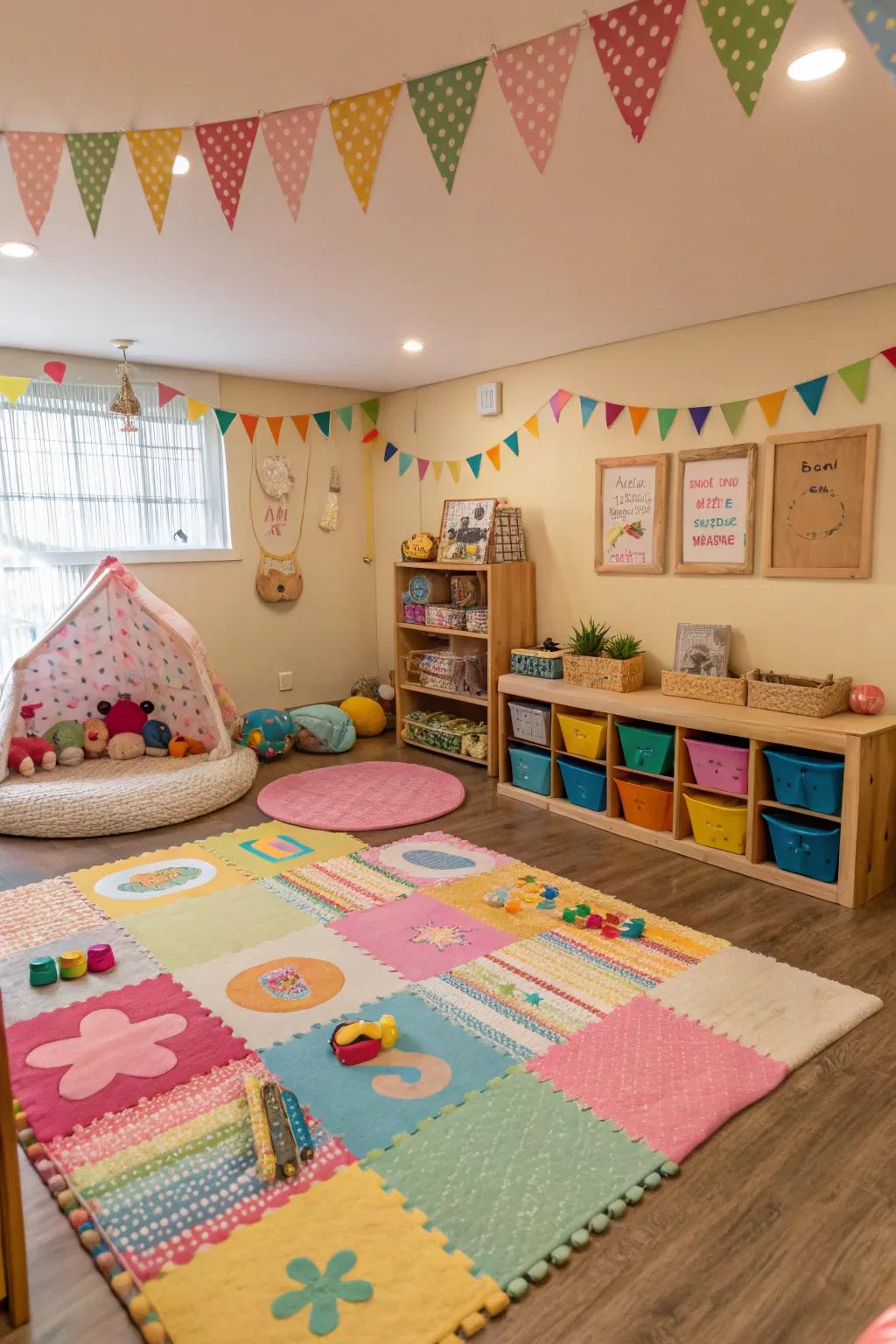 A lively and colorful area for play inside a home daycare setting.