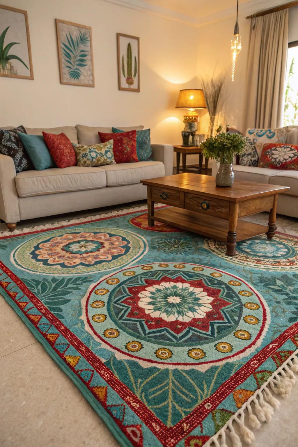 A striking rug acts as a focal point, infusing energy and warmth into the space.
