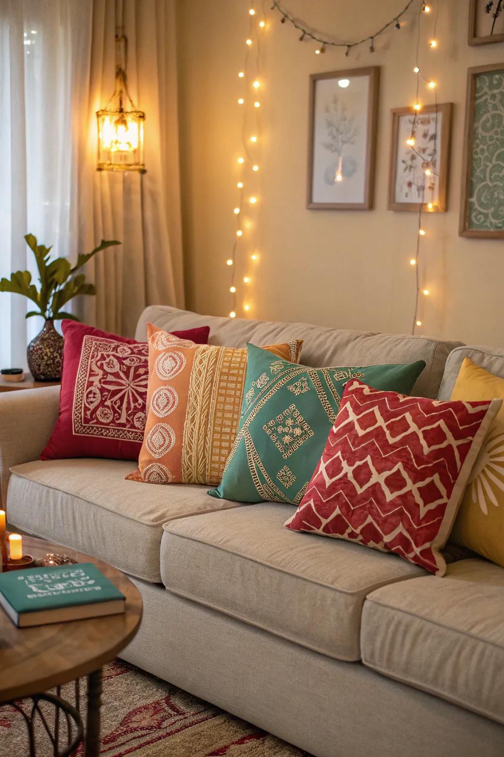 A welcoming couch decorated with custom-made toss cushions that bring warmth and character.
