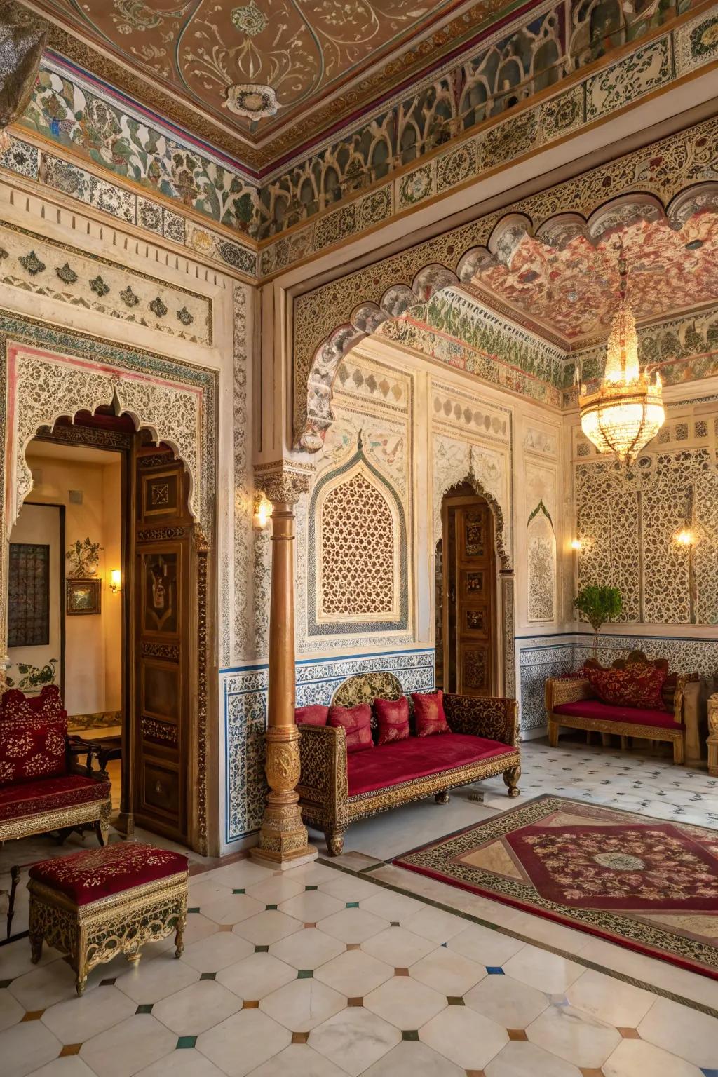 An elegant room with Mughal-inspired decor
