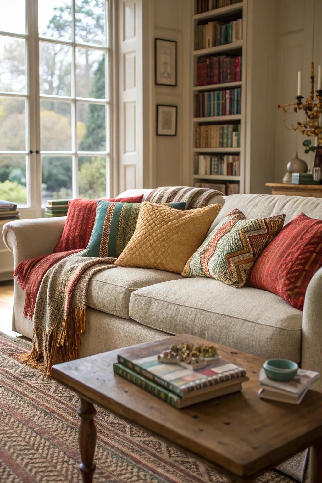 A fashionable living room where layered textiles add warmth and texture.