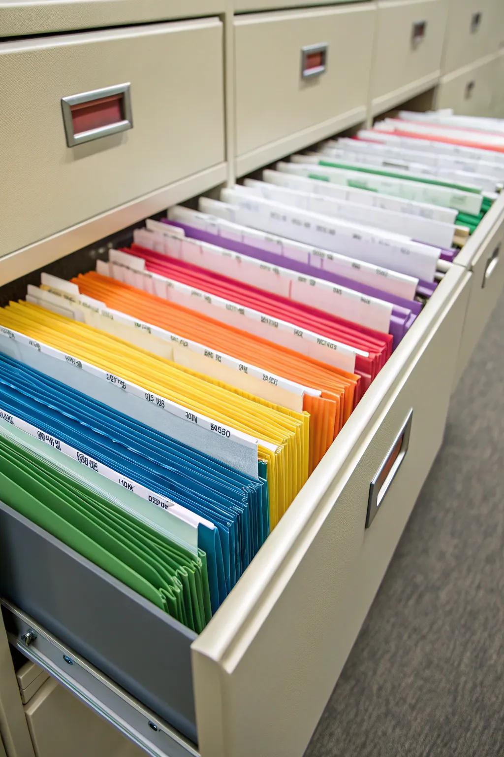 A lively filing cabinet featuring color-coded folders for straightforward accessibility.