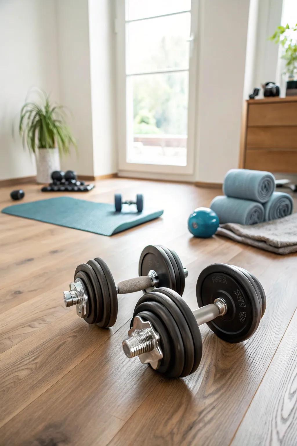 Adjustable dumbbells: Compact and highly adaptable.