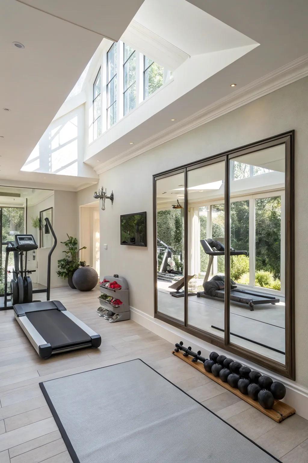 Floor-to-ceiling mirrors foster an expert and liberating ambiance within this personal fitness space.