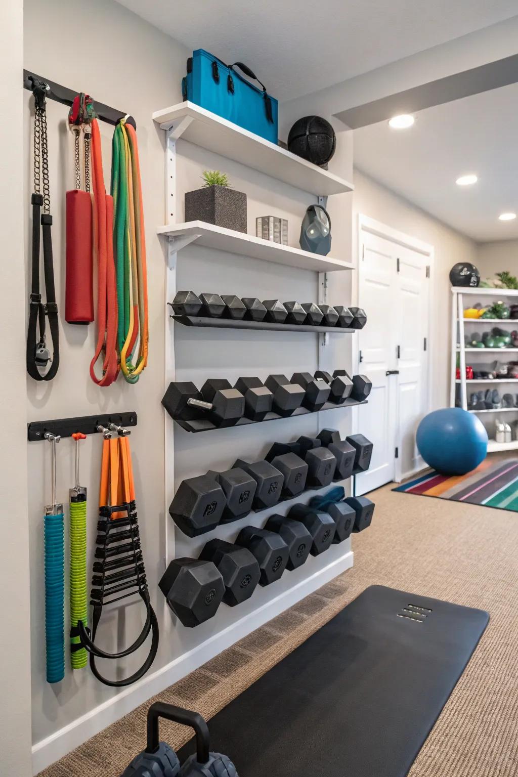 Wall shelving helps maintain gym essentials organized and conveniently accessible.