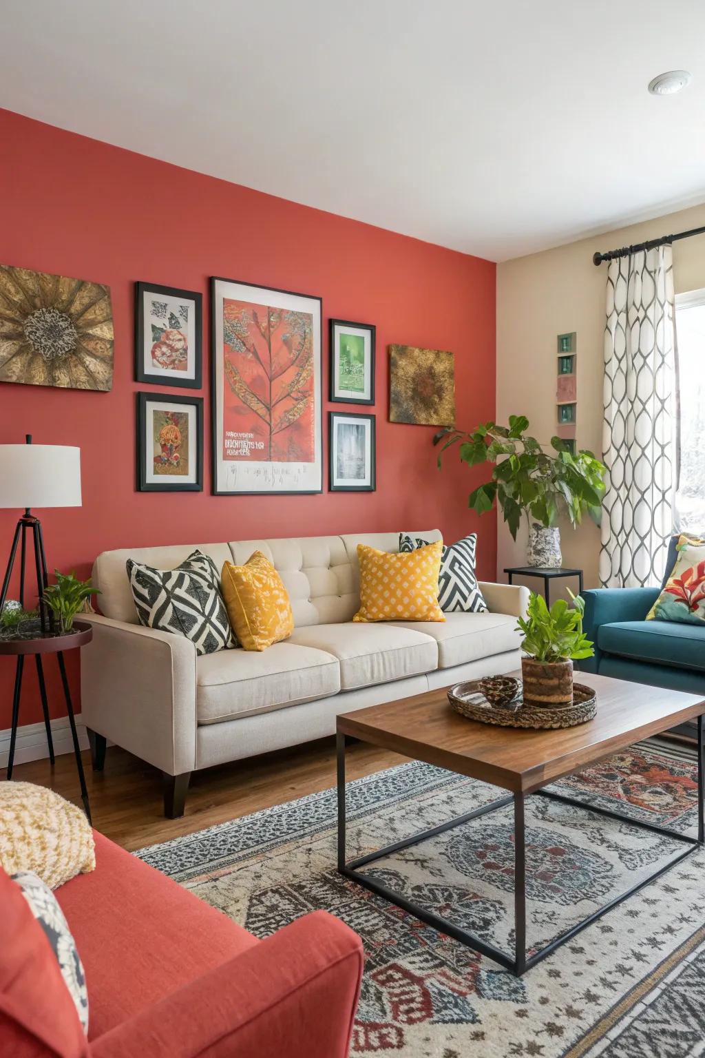 A striking accent wall brings life and personality to your family room.