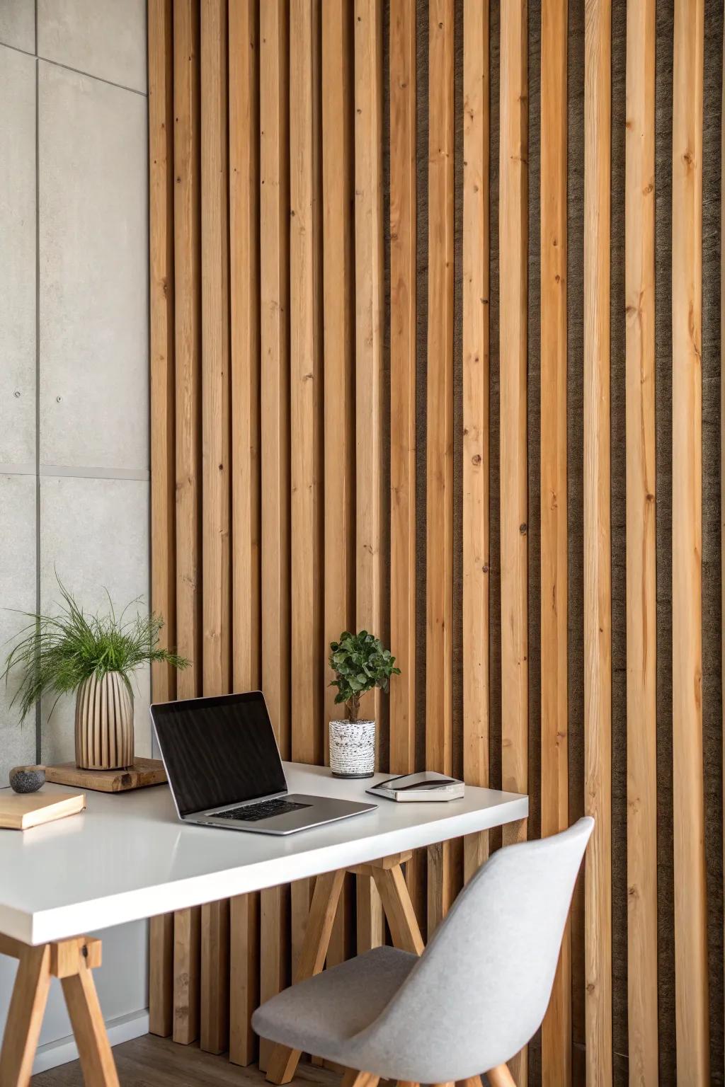 Upright wood panels give warmth and texture to this home office.