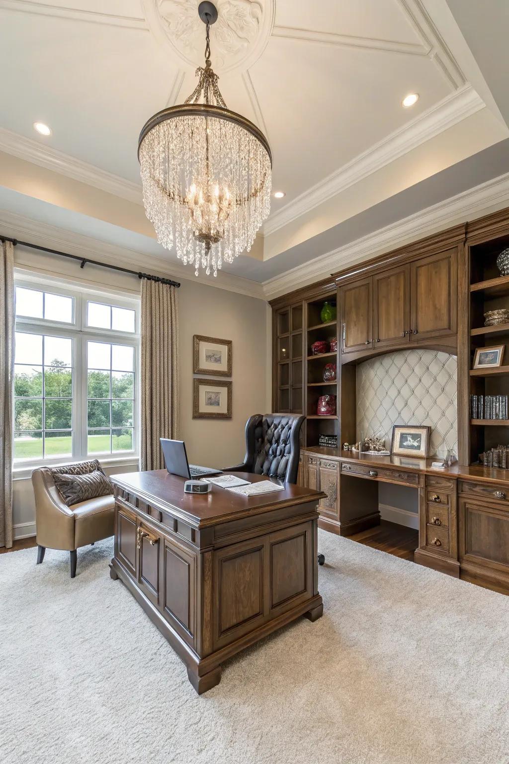 A crystal chandelier enhances the elegance of any home office.