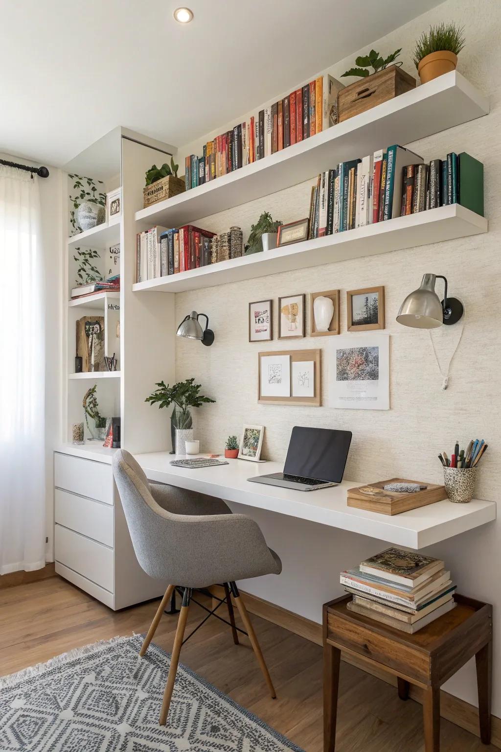Wall ledges offer additional storage and highlight your unique taste.